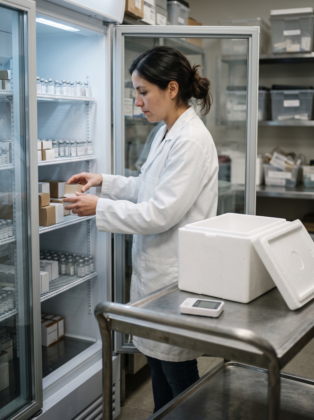 Farmacéutica guardando medicamentos en un refrigerador clínico, junto a una caja isotérmica con registrador de temperatura